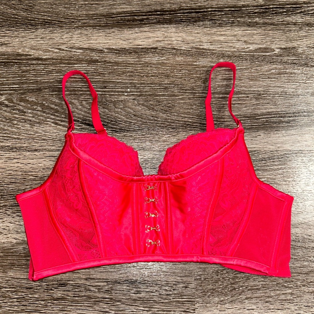 “Bras N Things” bright red corset with gold accents